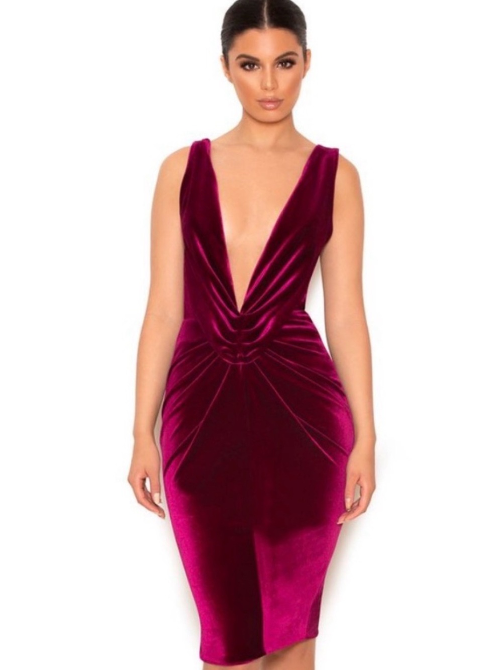 Plunging Velvet Midi Dress in Deep Burgundy